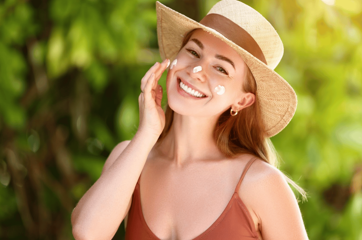 Woman In Hat Applying Sunscreen To Protect Her Skin
